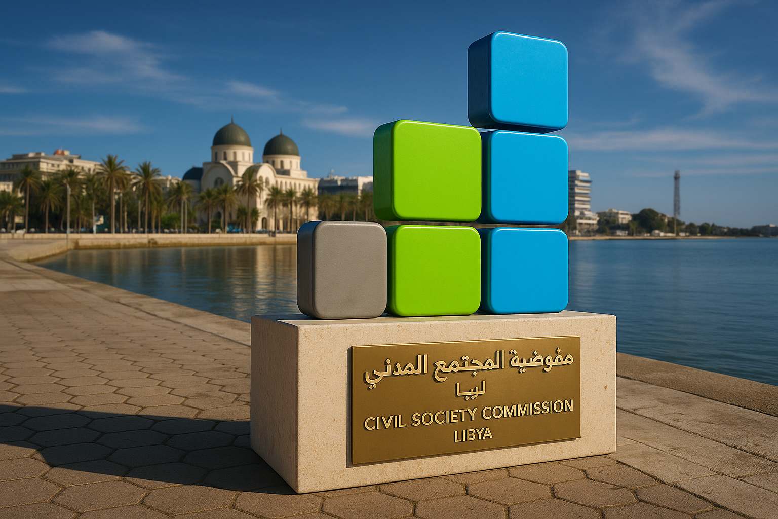 مجسم لشعار مفوضية مجتمع على كورنيش بنغازي ويضهر في الخلفة كاتدرائية بنغازي