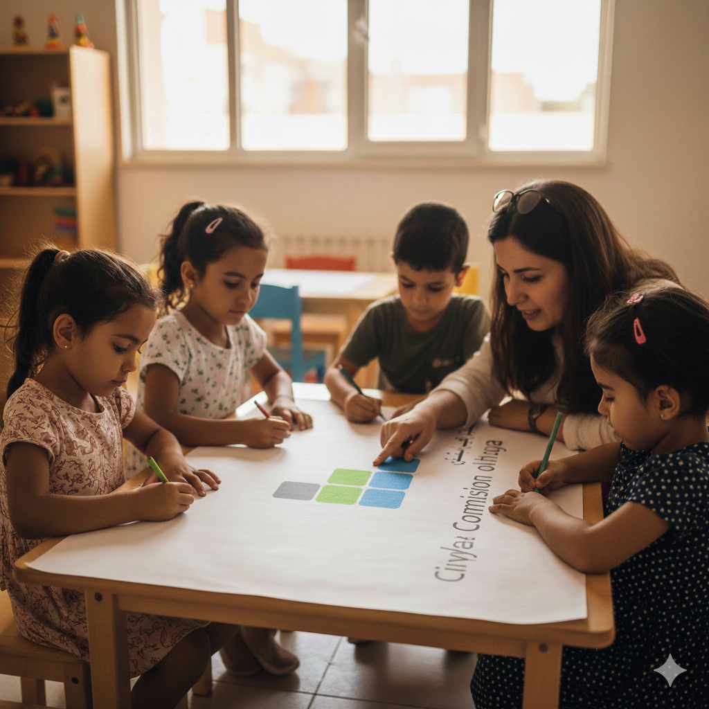 أطفال ليبيون يشاركون في تلوين شعار مفوضية المجتمع المدني ليبيا خلال نشاط مجتمعي، برفقة امرأة تشرف على النشاط، في مشهد يعكس إشراك المجتمع في التخطيط وبناء المستقبل.