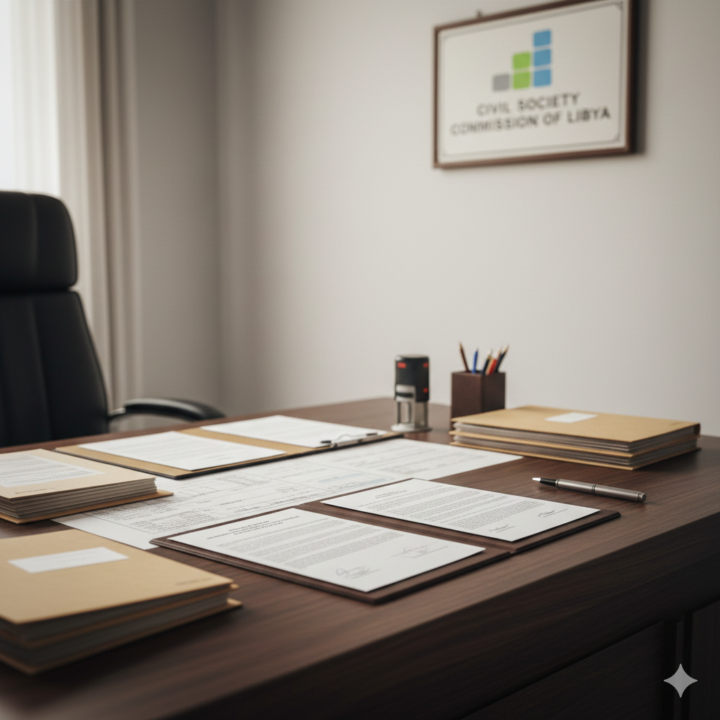 وثائق وإجراءات رسمية لمنظمة مجتمع مدني ليبية موضوعة على مكتب منظم، مع ظهور شعار مفوضية المجتمع المدني ليبيا، في مشهد يعكس الشرعية القانونية.
