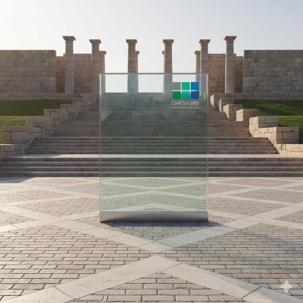 مشهد معماري رمزي يعكس النظام والقواعد المنظمة لعمل منظمات المجتمع المدني، مع ظهور شعار مفوضية المجتمع المدني ليبيا كمرجعية مؤسسية.